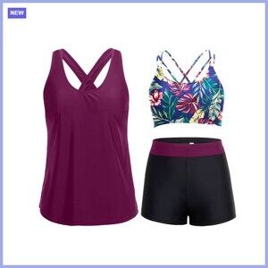 Polyester Blend 3 Piece Tankini Swim Set with Tummy Control